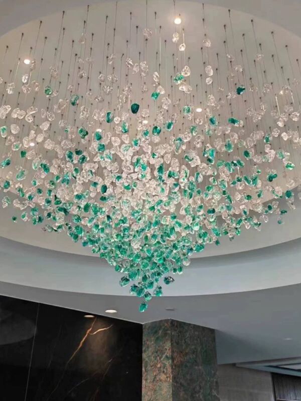 Customized Colorful Stone ChandelierLarge Hotel Lobby Restaurants Long Chain Glass Hanging Ceiling Chandelier